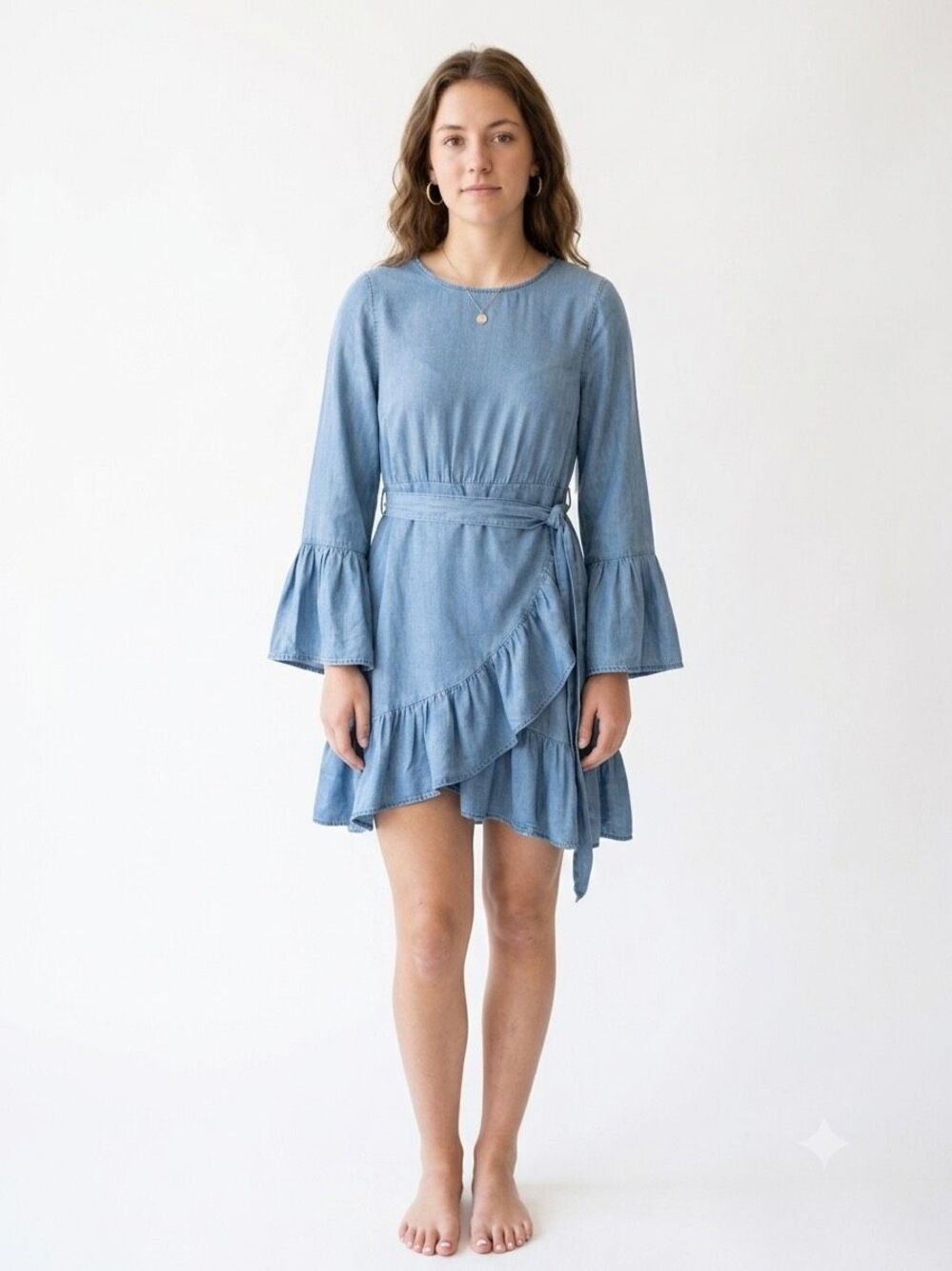 NWT Blue Rain Chambray Faux Wrap Ruffle Mini Western Dress Bell Sleeve S